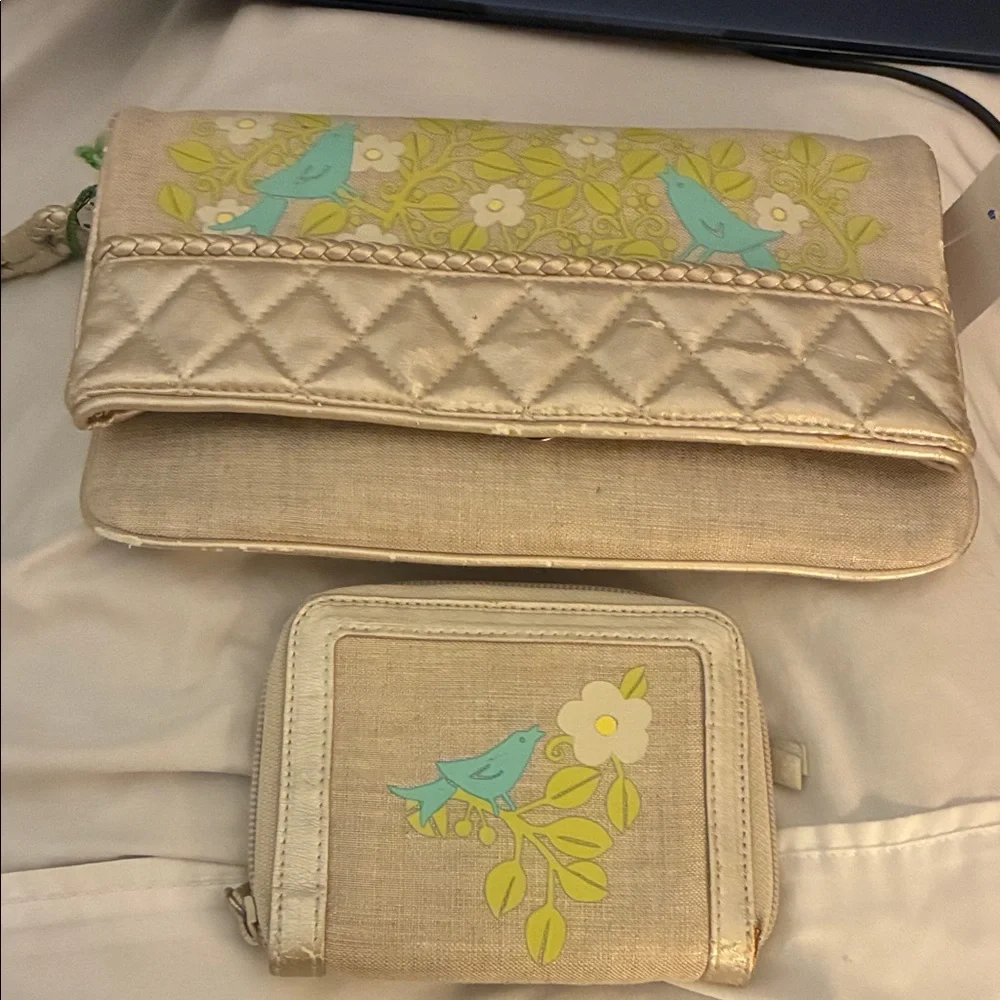 Vera Bradley Beige‎ Clutch and Wallet with Blue Bird Design